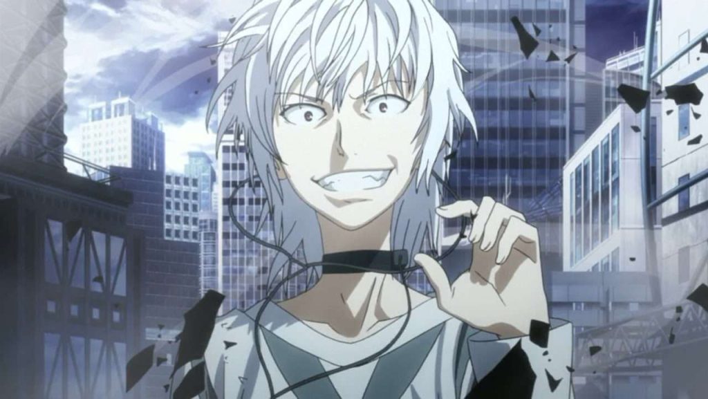Evil white haired anime boy character accelerator
